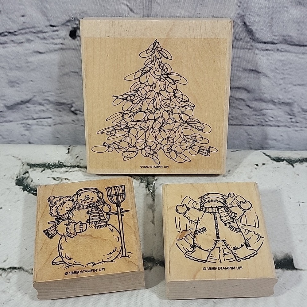 Stampin Up Rubber Stamps Holiday Lot Of 3 Snowman Snow Angels Christmas Tree